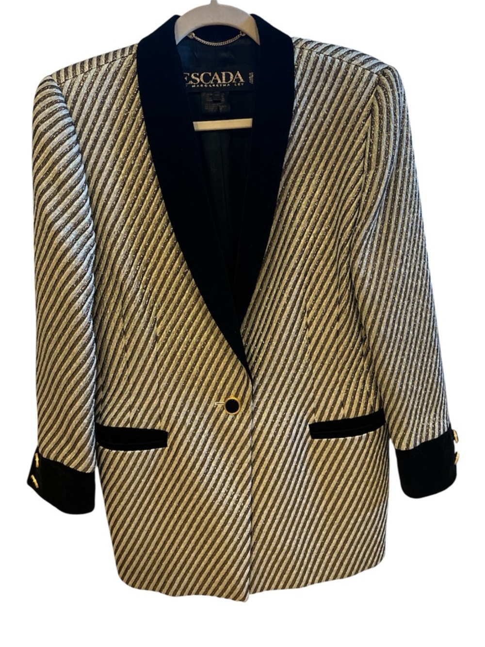 Vintage 1990s Escada Silver and Gunmetal Metallic Striped Long Blazer
